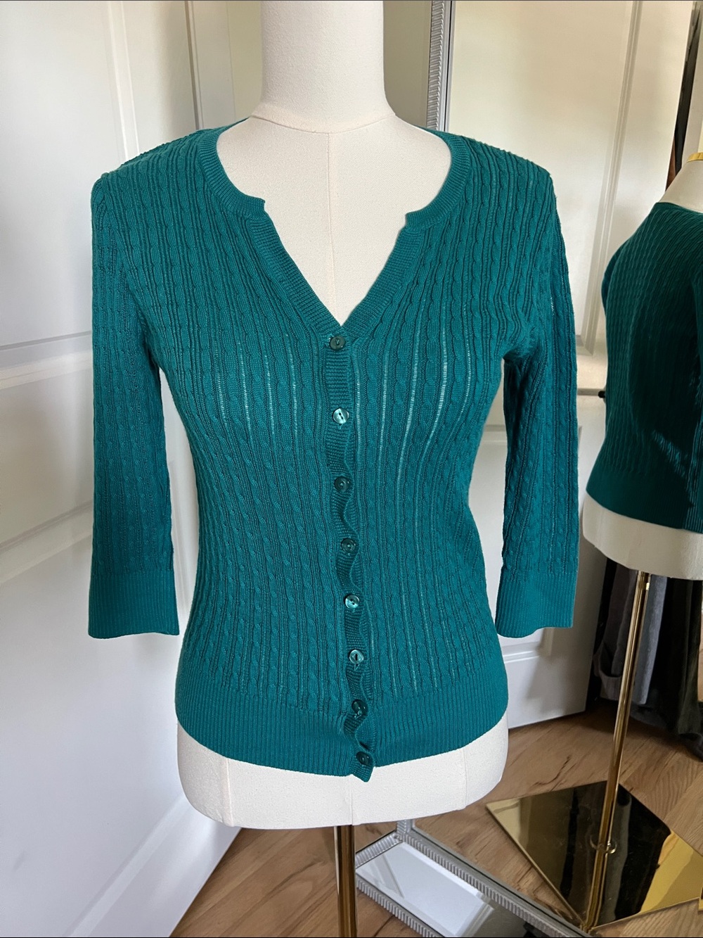 JEANNE PIERRE Teal Cable-Knit Cotton Button Cardigan